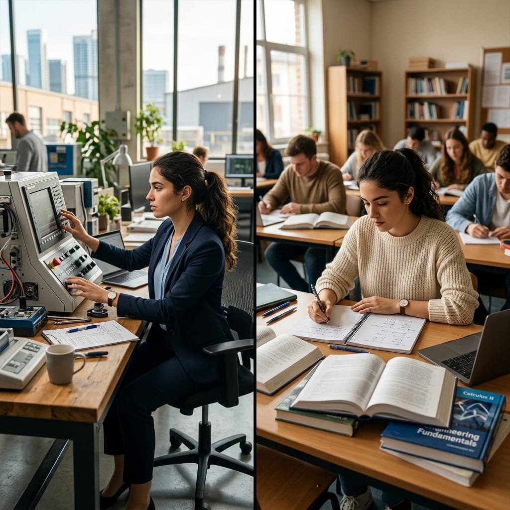Estudiante trabajando en una empresa y estudiando en aula, representando la formación dual en FP.